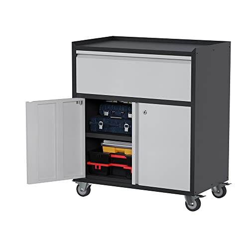 Reemoon Rolling Garage Storage Cabinet With Wheels, Metal Storage Cabinet With 1 Drawer And 2 Locking Doors, Tool Cabinet With Shelves, Black & Gray #TOP5