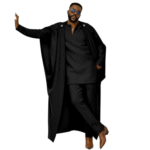 African Clothes for Men Cape V-Neck Full Sleeve Shirts Pants 3 Piece Set Agbada Robe Wedding Evening Outfits