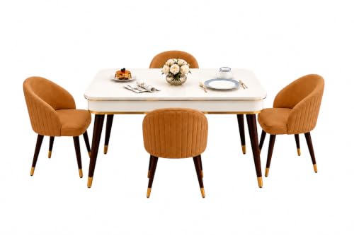 Image of WOODEN SPACE 4 Seater Wooden Dining Table Set | Urban Marble Top Dining Table with Chairs for Dining Room & Kitchen (Majestic Classic Backline Mustard) (42 x 42 x 30 inch)