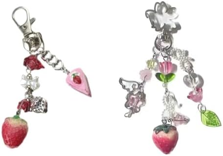 Cute Pink Keychain,Fuzzy Cat Keychain Aesthetic Y2K phone chain，KeychainStylish KeychainsAccessories Strawberry Phone Chain，Cute Butterfly Bear Guitar Keychains Charms for Women Bag Set of 2(cake) image 3