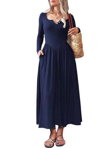 Image of Mieazom Long Sleeves Maxi Dress for Women A Line 2025 V Neck Casual Button Boho Tshirt Long Dress with Pockets