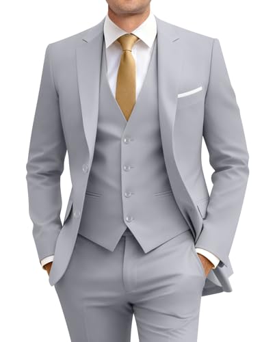 Image of Men's Slim Fit 3 Piece Suit Two Button Business Wedding Dress Tux Suit Set Jacket Vest Pants with Tie