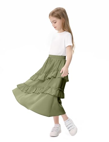 Image of Girls High Waisted Ruffle Maxi Skirt Soft Cotton Long Skirts with Elastic Waistband for Kid Girl 3-12 Years