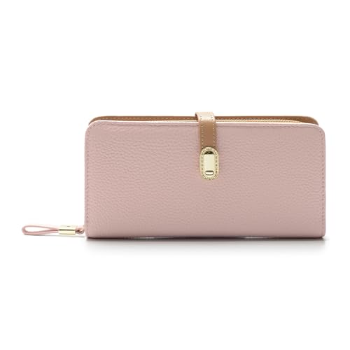 2R Women's Lychee Cowhide Wallet with Multiple Card Slots and Zipper Compartment, Long Style, Pink2