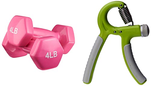 Image of AmazonBasics Vinyl 4 Pound Dumbbells - Set of 2, Pink and AmazonBasics Adjustable Hand Grip Strengthener, 2-Pack, Green