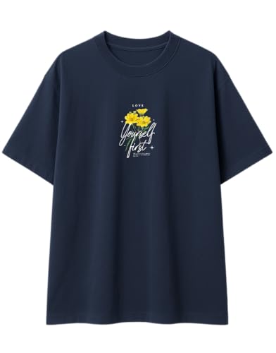 Image of Oversized Cotton T-Shirt for Women Half Sleeve - Love Yourself First Printed Tee - Breathable Loose Fit Motivational Casual Wear for College and Daily Outfits