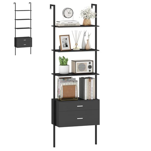 HOMASIS Étagère échelle avec 6 niveaux & 2 tiroirs, 184 cm Étagère murale avec cadre métallique, bibliothèque murale, étagère ouverte sur pied Étagère de...