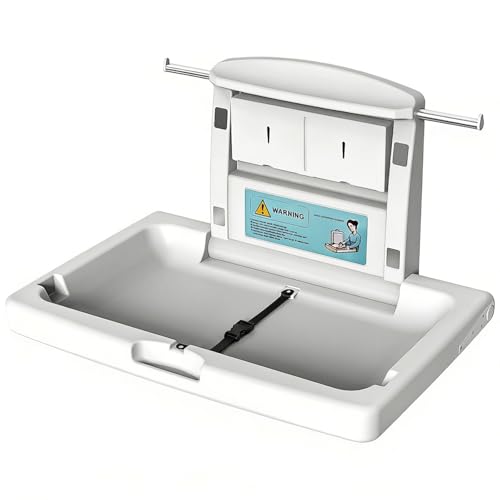Commercial Baby Changing Station Wall Mounted Fold Down Diaper Changing Table for Public Restrooms HDPE Changing Station with Safety Strap Storage Shelf & Bag Hooks Supports Up to 45lbs