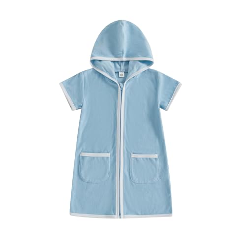 Girls Boys Hooded Terry Coverups One Piece Swimsuits Summer Striped Trim Zip Up Short Sleeve Swim Cover Up Beachwear