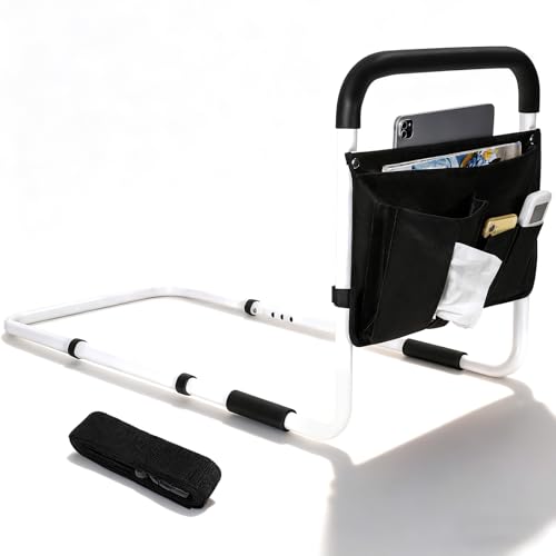 OUUTMEE - OUUTMEE Barriere de Lit Adulte à Hauteur Réglable, Barre Poignées de Lit d'Appui en Acier Carbone avec Sac de Rangement pour Personnes Âgées, Rail de Lit de Sécurité Anti-Chute, Blanc