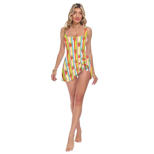 Maillot de bain une pièce cartoon strawberry coloré avec jupe fluide et effet push up