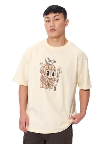 Image of The Souled Store Warrior Soul Men and Boys Short Sleeves Round Neck Yellow Graphic Printed Cotton Oversized T-Shirts