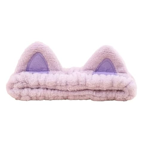 ZEROHILL Cat Ears Headband For Washing Face Makeup Skincare, Cute Headbands Elastic Hair Band Coral Fleece Headbands For Women Girls (Purple) Cover