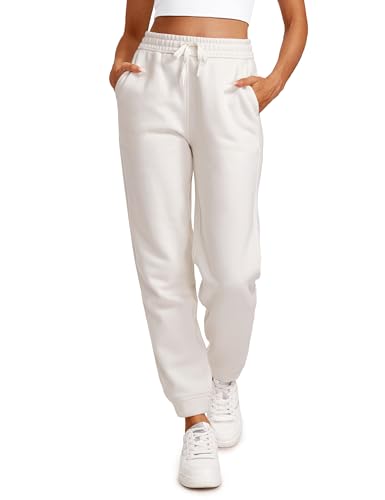 CRZ YOGA Cotton Fleece Lined Sweatpants Women High Waisted Warm Casual Lounge Jogger Pants with Pockets Milky White (Bone) Medium
