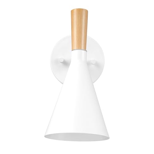 Image of Globe Electric 65000147 1-Light Plug-in or Hardwire Wall Sconce, Matte White, Light Wood-Toned On /Off Rotary Switch on Pivoting Shade, 6ft White Braided Fabric Cord, Wall Lights for Living Room