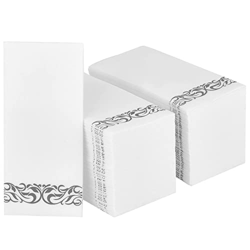 MORGIANA 100 Servilletas Clásicas de Tacto de Lino, Servilletas de Papel Plateado y Blanco, Toallas de Mano Diarticuladas Como Tela para Invitados para Fiestas y Bodas