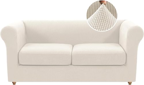 LINGKY Stretch Chesterfield Sofa Cover 2 Seater With 2 Separate Cushion Covers, Jacquard Spandex Non-Slip Slipcovers for Living Room Furniture Protector (Ivory, 2 Seater)