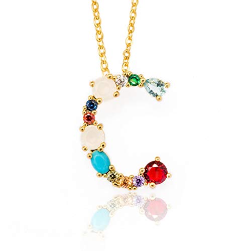 Large Initial Necklace for Women, Colorful Rhinestones Gold Plated Necklace, 26 Big Letter Pendant Necklace, Script Name Monogram Necklaces, A-Z Alphabet Charm Beads Necklace FunDiscount (C)