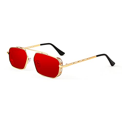 FEISEDY Retro Polygon Steam Punk Small Sunglasses Rectangle Metal Thick Frame Women Men Vintage Shades B2930