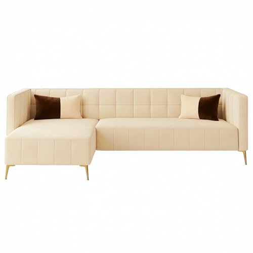 Image of SOCOZI Stylluxe 6 Seater Velvet Fabric LHS L Shape Sofa Set for Living Room |Fabric L Shape Sofa Set for Home & Office (Cream)