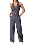 SweatyRocks Women's 2 Piece Solid Sleeveless V Neck Cross Back Button Down Blazer and Pants Business Office Suit Set Light Grey Small