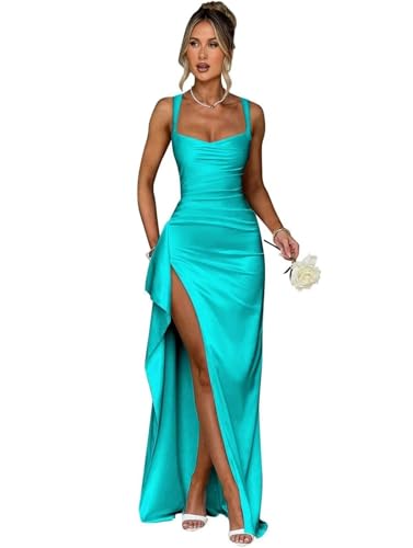 Square Neck Prom Dress with Slit Spaghetti Straps Mermaid Wedding Guest Dress Satin Turquoise Formal Gown for Women Size 4