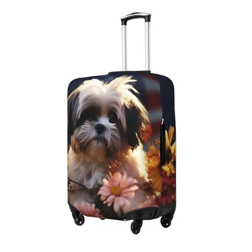 Travel Luggage Cover Elastic Anti-Scratch Suitcase Protector Washable Travel Suitcase Cover Shih Tzu Dog And Flowers Luggage Protector Fits 18-32 Inch Suitcase2