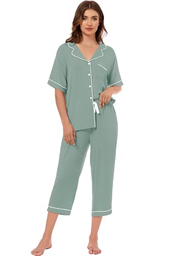 Image of LUBOT Womens Bamboo Viscose Pajamas for Women PJ Set 2 Piece Cooling Soft Short Sleeve Capri Pants Summer Sleepwear Set S-XXL