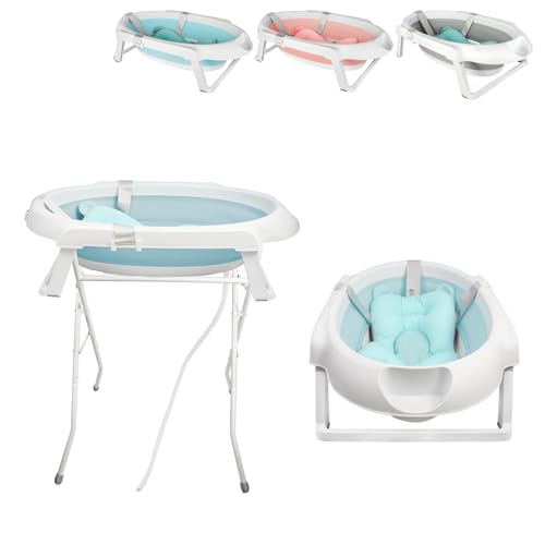 XUANYU 2 en 1 Baignoire Bébé avec Support 85 cm, Baignoire Bebe sur Pied, Bassine Pliable Bebe avec Coussin de Bain, Antidérapant, Sécurisée et Confortable (Vert)