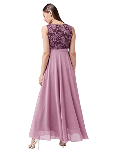 Image of Miss Chase Women's Brick Red & Dusty Green Boat Neck Sleeveless Self Design Lace Overlaid Regular Dress