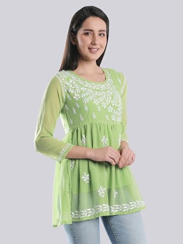 Image of Seva Chikan Hand Embroidered Lucknowi Chikankari Angarkha Georgette Top with Slip for Women SCL4041