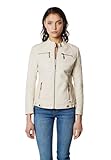Koroshi Cazadora Chaqueta Motera Mujer Efecto Piel Cuello Mao Correa Hebilla, color CRUDO/OFF-WHITE, Talla M