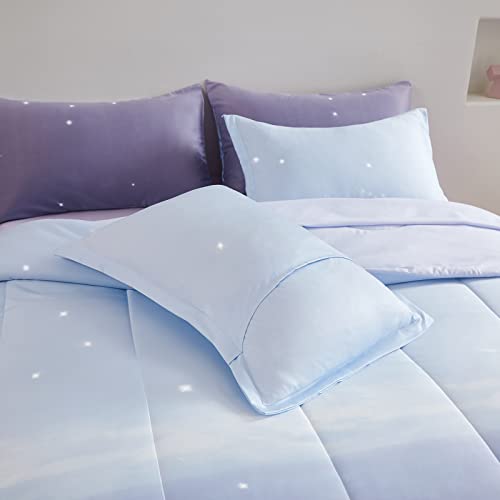 Image of Dinjoy Girls Comforter Set Full Size Colorful Ombre Purple Rainbow Bedding Set Bed in A Bag for Kid Teen Girls 7 Pieces (1 Comforter, 1 Flat Sheet, 1 Fitted Sheet, 2 Pillow Shams, 2 Pillowcases)