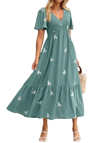 BerryGo Women's Summer Casual Flowy Maxi Dress - V Neck Flutter Sleeve Smocked Empire Waist Embroidery Sundress with Pockets Bean Green M