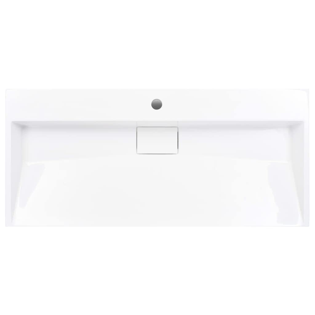 Lavabo mineral fundido 100 x 46 x 11 cm, color blanco, lavabo con orificio para grifo para montaje en pared y lavabo, baño sanitario para invitados, incluye material de montaje