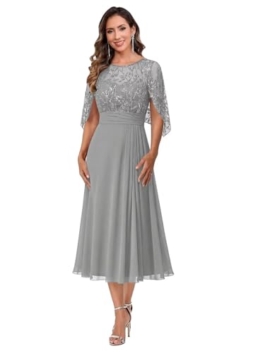 EBAKUS Chiffon Mother of the Bride Dress Silver A Line Lace Applique Evening Dresses Cape Sleeve Tea Length Pleateds Cocktail Gowns for Wedding Size 6