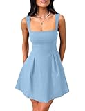 YMDUCH Women's Sexy Sleeveless Square Neck Adjustable Straps Bow Tie A-line Mini Party Club Dress Sky Blue Medium
