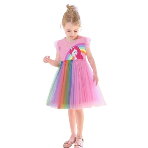HILEELANG Toddler Girls Rainbow Cotton Tulle Dress Summer Princess Party Unicorn Dress with Flutter Sleeves