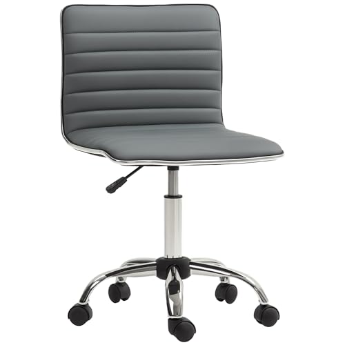 HOMCOM Silla de Oficina sin Brazos Silla de Escritorio Giratoria Tapizada en PU con Altura Ajustable para Estudio Dormitorio Tocador Carga 120 kg Gris Oscuro
