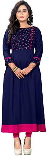 Vaikunth Fabrics Women's Solid Rayon Embroidery Stitched Anarkali Blue Stylish Kurta