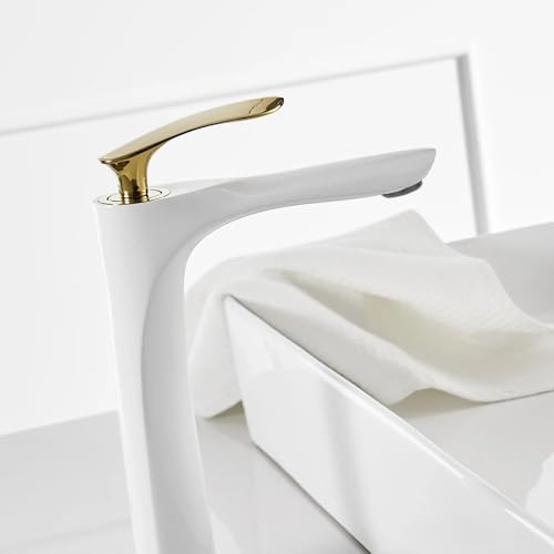 Rea Orbit Rubinetto Lavabo Alto In Oro Bianco Miscelatore Da Bagno In Ottone Monocomando Rubinetto Regolabile Caldo E Freddo (Bianco/Oro) - 3