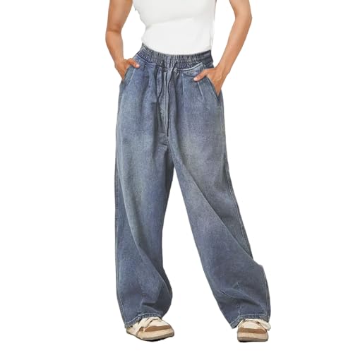 Wide Leg Jeans for Women Drawstring High Waist Pull On Denim Pants Vintage Casual Baggy Boyfriend Mom Jeans