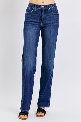 Judy Blue Women's Mid Rise Tummy Control Straight Jeans, Stretch Denim Comfort Fit for Everyday Wear - 888612