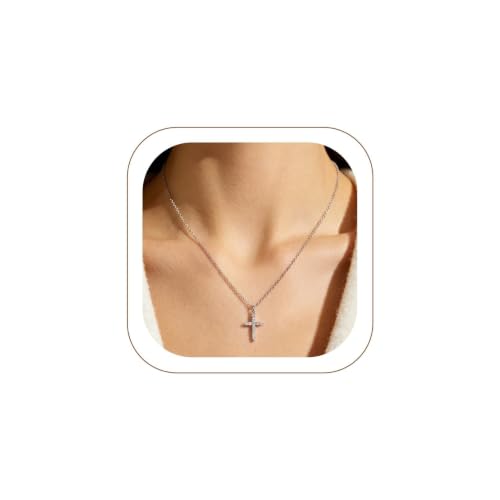 FindChic Dainty Cross Necklace for Women, Waterproof CZ Cross Pendant Necklace, Silver/Gold/Rose Gold Plated Choices, Mi
