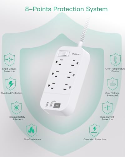 Image of Extension Cord, Surge Protector with 6 Outlets and 4 USB Ports (2 USB C), Flat Plug Overload Protection, Extension Cord 10+ ft, Wall Mount for Home (11 Ft)