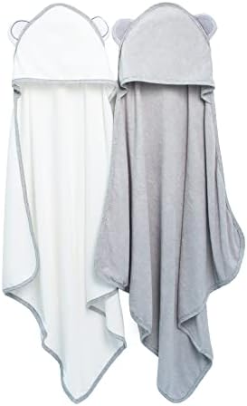 Bamboo Hooded Baby Bath Towels Pack of 2, Premium Quality Baby Essentials for Newborn Infant Toddler Baby Towels - Baby Gifts for Girls and Boys (White & Grey)