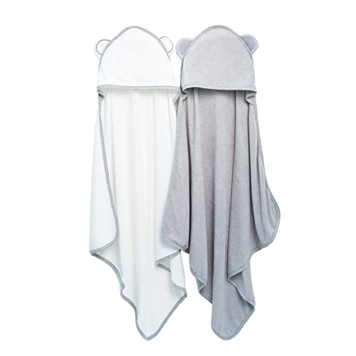 Image of Premium Quality Pack of 2, Hooded Baby Bath Towels, Ryon made from Bamboo , Baby Essentials for Newborn Infant toddler baby towels - Baby Gifts for Girls and Boys (White & Grey)