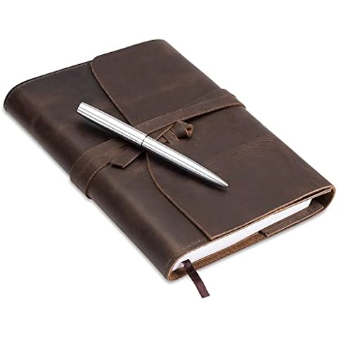 Nachfüllbares Leder Tagebuch für Erwachsene - Geschenkset mit Luxus Stift - MOONSTER® Handgefertigtes Ledergebundenes Notizbuch A5 - Perfektes Notizbuch Leder für Reisen und zum Schreiben Unterwegs Cover