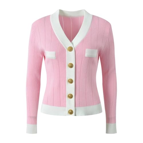 Women's V-Neck Color Block Cardigan Sweater Long Sleeve Knit Button Fashion Top