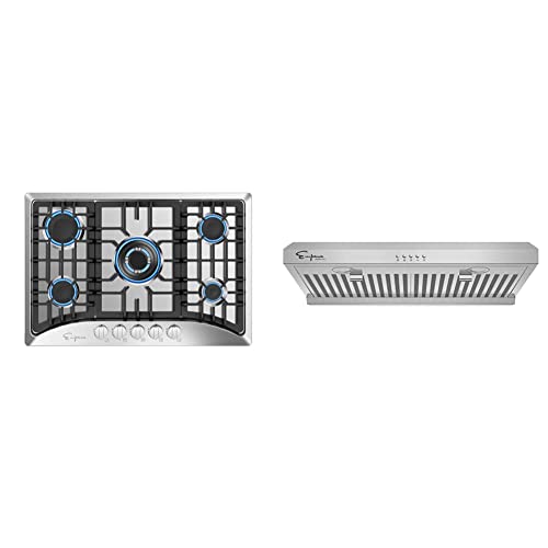 Image of Empava 30 inch Gas Stove Cooktop with 5 Italy Sabaf Sealed Burners NG /LPG Convertible & 30 inch Under Cabinet Range Hood Ultra Slim-Ducted Exhaust Kitchen Vent with Push Button Controls-Dual Sealed Aluminum